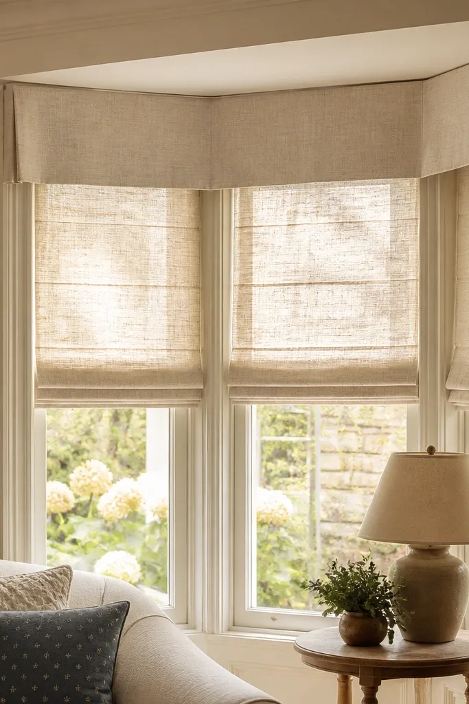 Roman shade drawn up with a short valance above a bay window