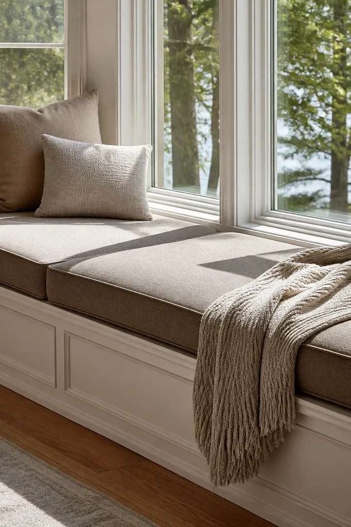 Plush cushion on a bay window seat with removable cover and patterned throw pillows