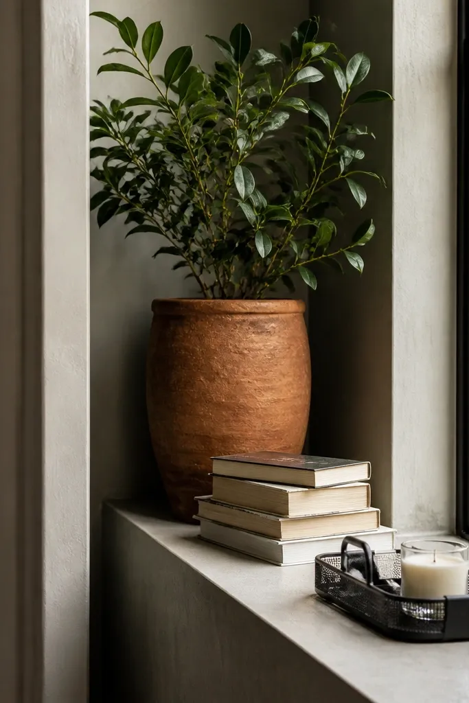 Wood ledge along a bay window with books, a candle, and small plants