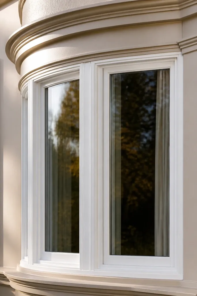 Bay window trim painted two colors with a warm wall color background