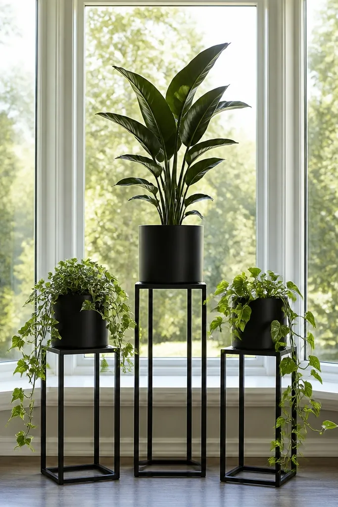 Matte black plant stand set in a bay with trailing and upright plants