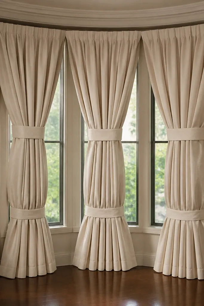Soft curtain panels tied back at the bay window with gathered folds
