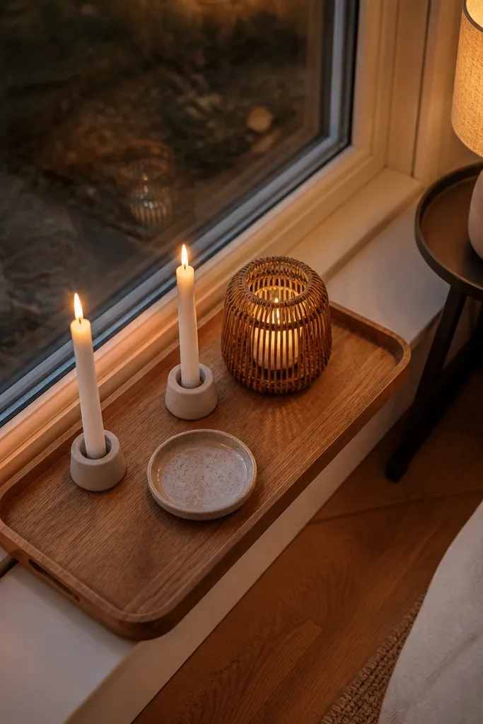 Decorative tray on a bay window sill with a small lamp and candles