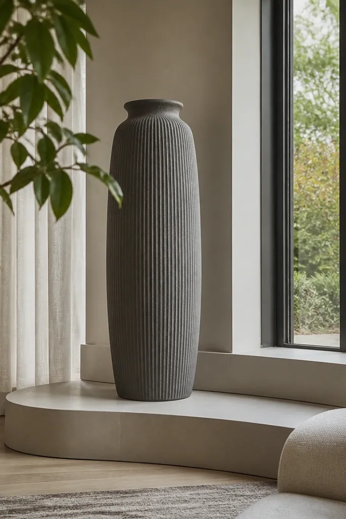 Tall vase on a curved stand beside a bay window with soft neutral styling
