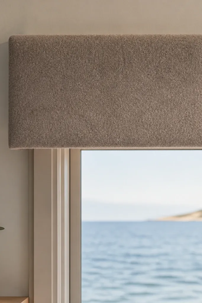 Short wool valance above a bay window with sharp clean folds