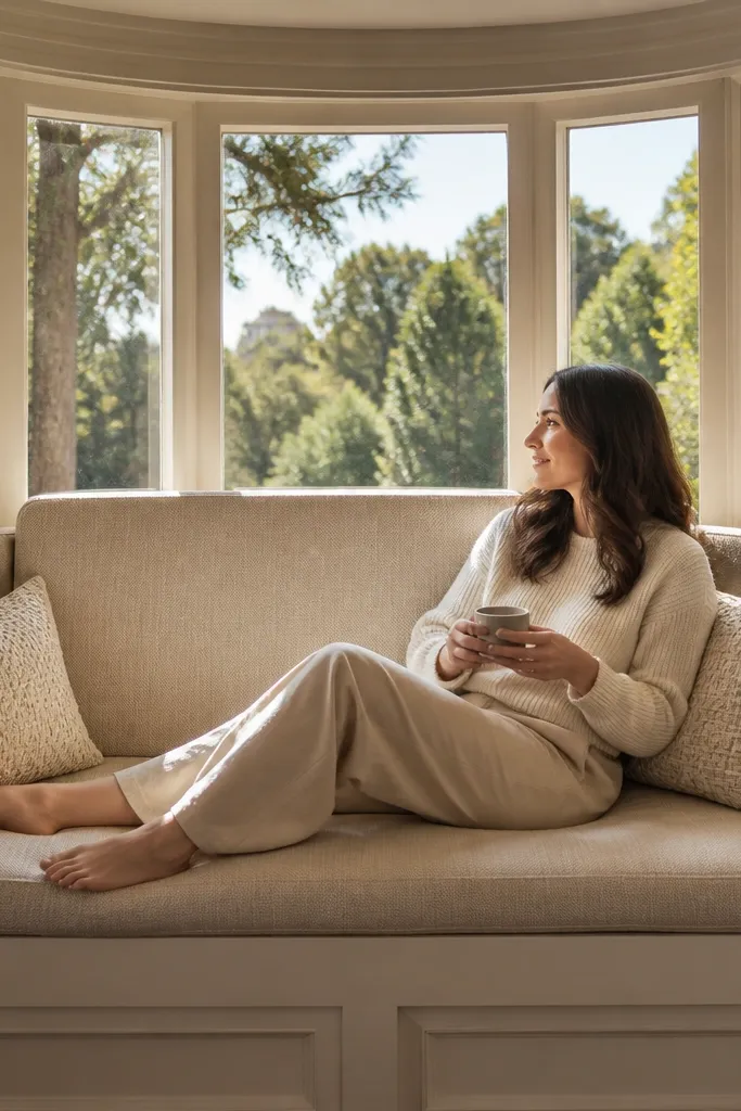 Cushioned backrest behind a bay window seat with matching pillows