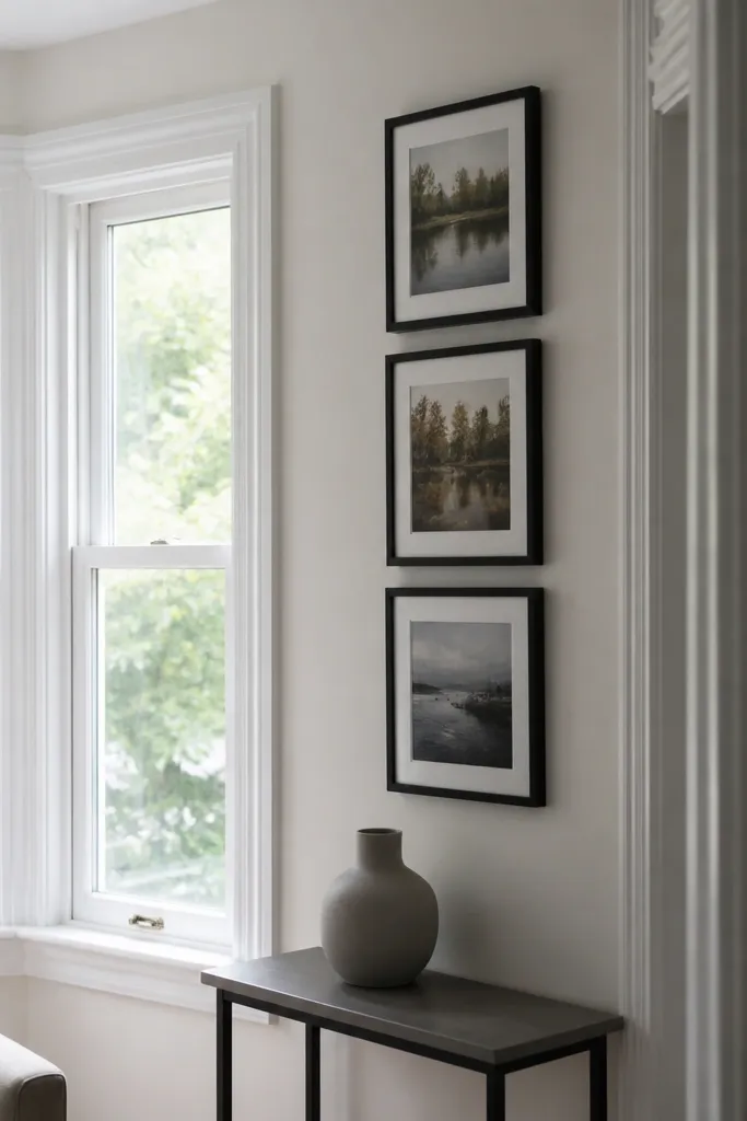 Small framed photos arranged neatly on the wall beside a bay window