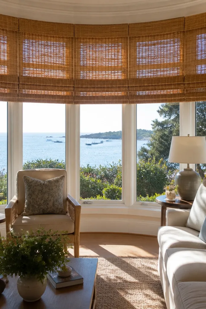 Woven shade on a bay window with warm rattan texture