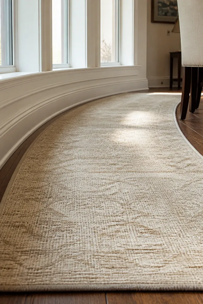 Small rug runner placed under a bay window with curved alignment