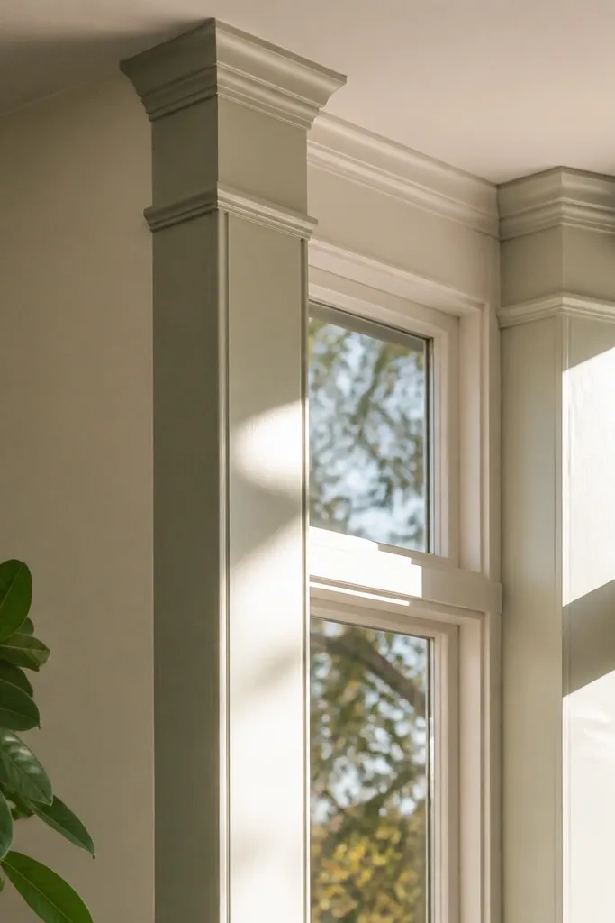 Soft color blocks in muted tones around a bay window