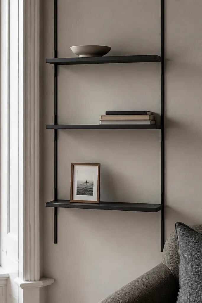 Black metal rails with small shelves on a bay window wall