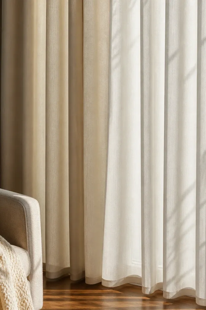 Two-layer curtains with a liner creating fuller folds on a bay window