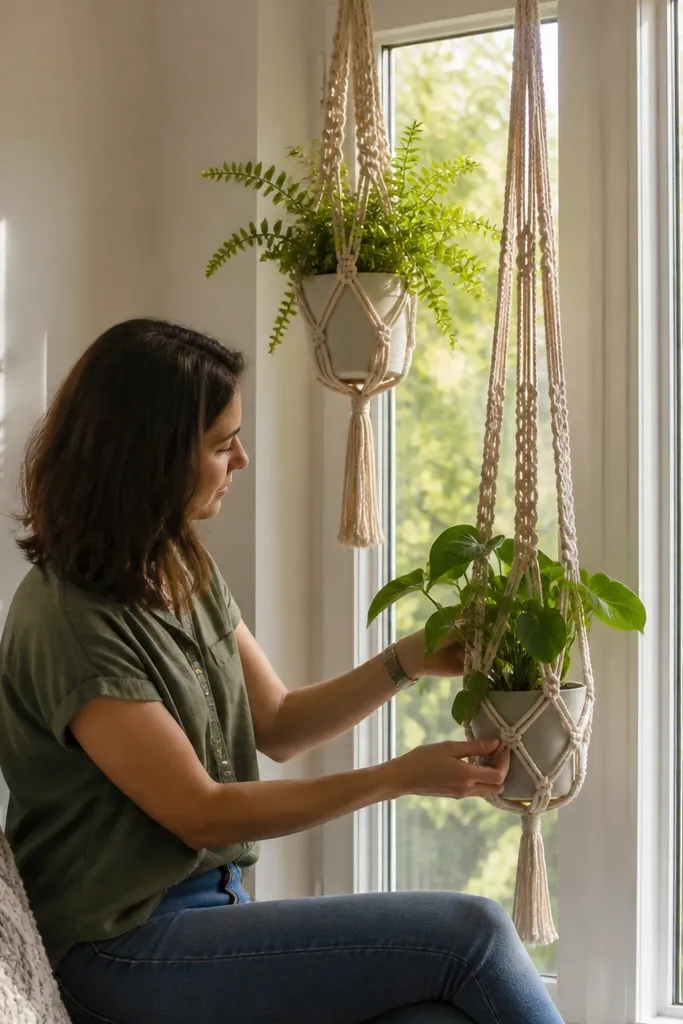 Macramé hangers holding small plants in the corner of a bay window