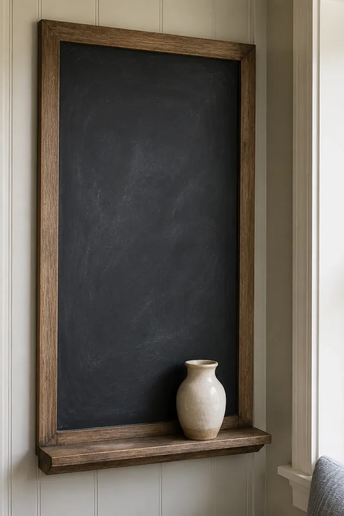 Small chalkboard panel near a bay window with clean typography