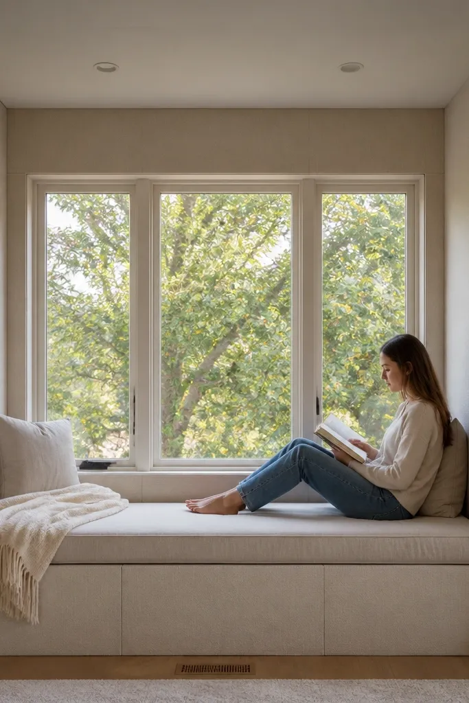 Fabric-covered side panels next to a bay window with smooth edges
