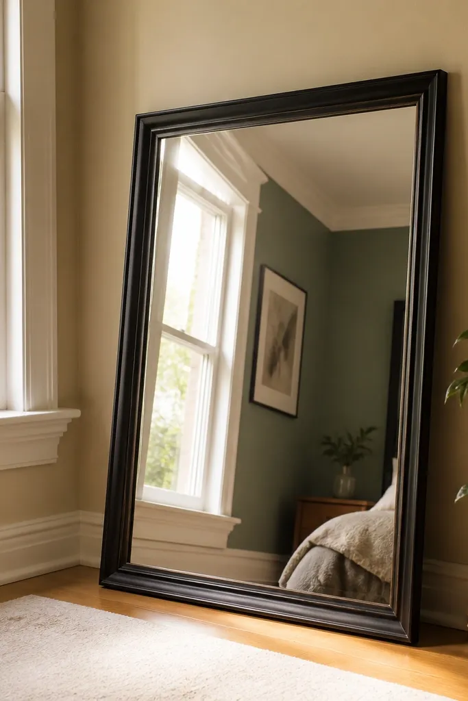Small mirror placed near a bay window reflecting daylight onto the room