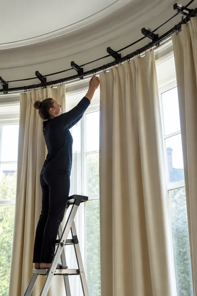 Curtain rail with rings draped across a bay window curve
