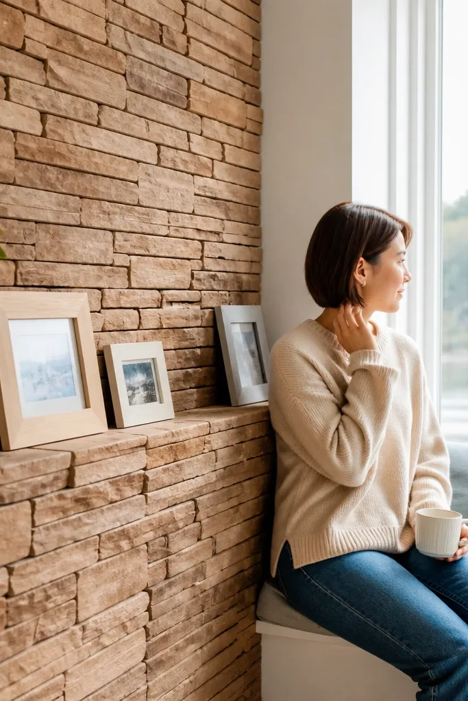 Floating wood ledge with framed photos against faux brick side panel