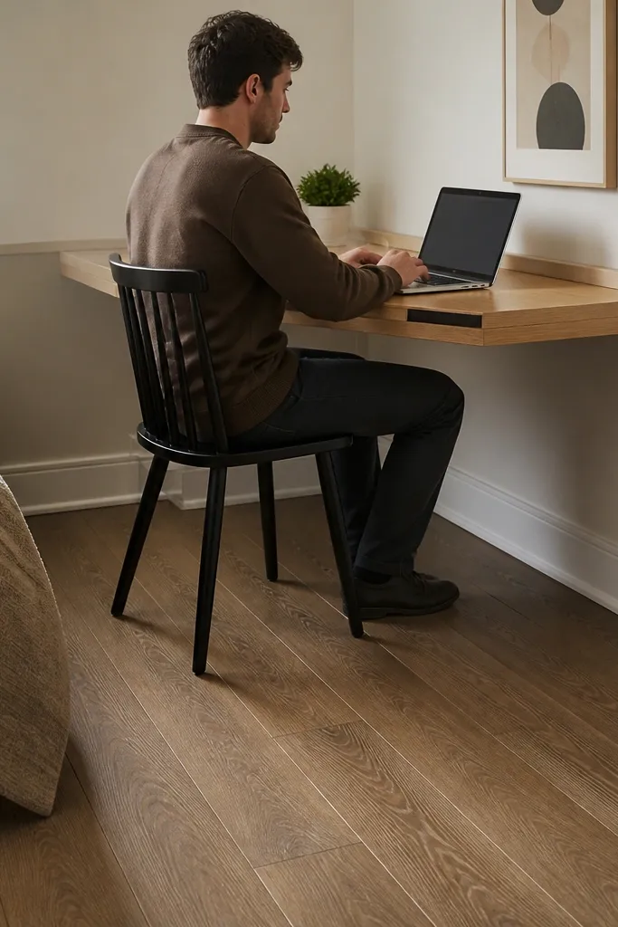 Light wood corner desk with a cable channel under the tabletop
