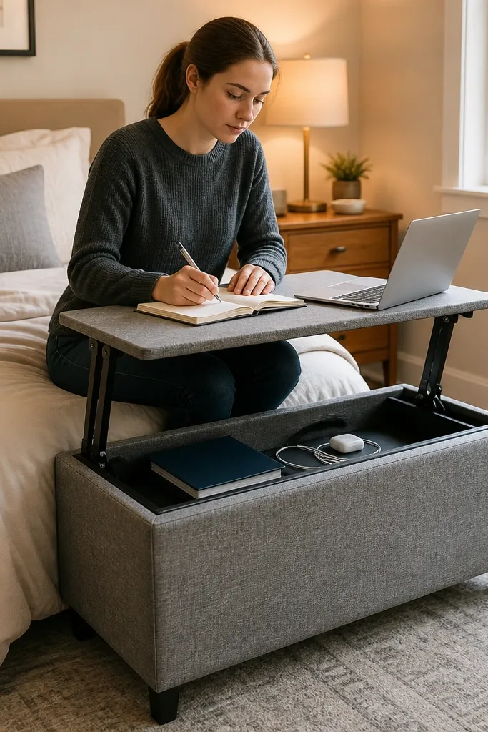 Bench with a lift-up top showing a small study surface and storage inside