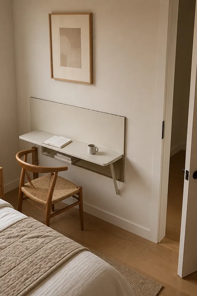 Wall desk that folds down with two legs and a small shelf beneath