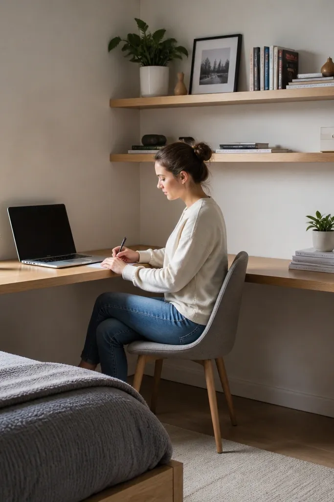 Two shelves forming an L-shaped study desk in a corner with a corner shelf