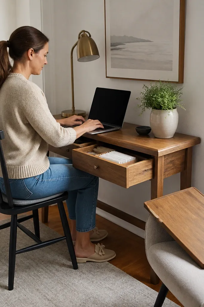 Narrow console table with a pull-out tray for laptop use and a drawer below