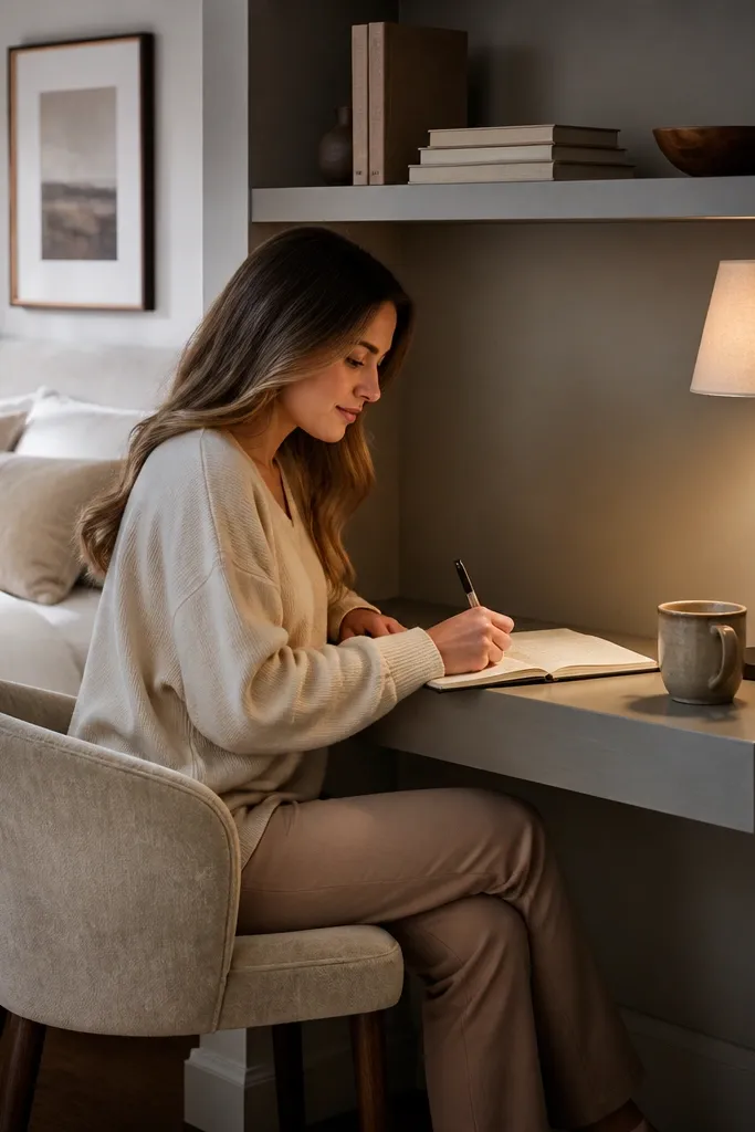 Shelf above a small desk surface with a light lamp and book storage