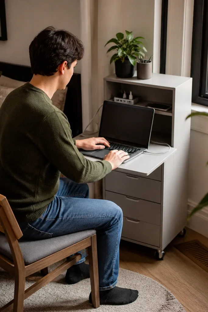 Small rolling drawer unit with a flip-up tabletop surface for studying