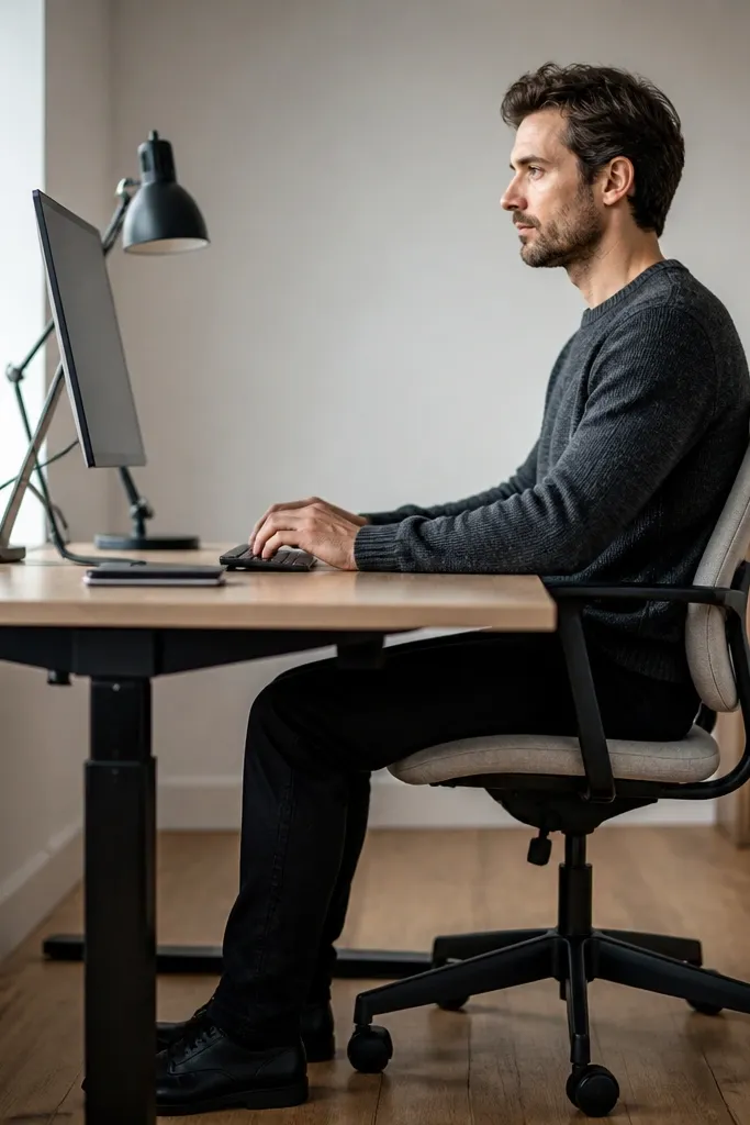 Simple desk top on an adjustable metal frame with a chair nearby