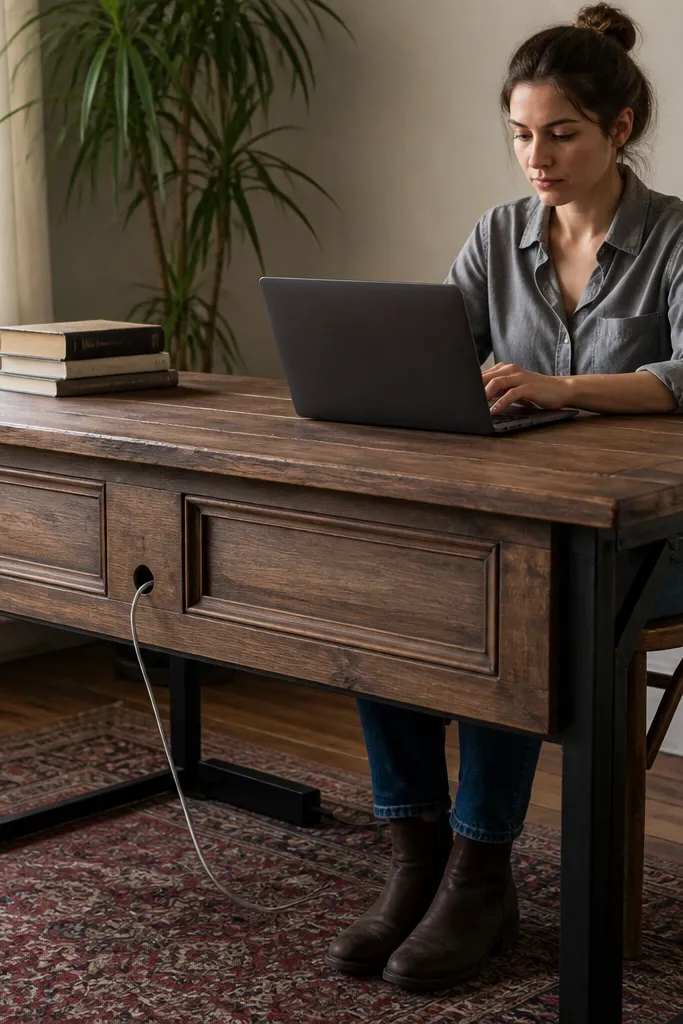 Old door turned into a desk with metal legs and a cable hole near the back