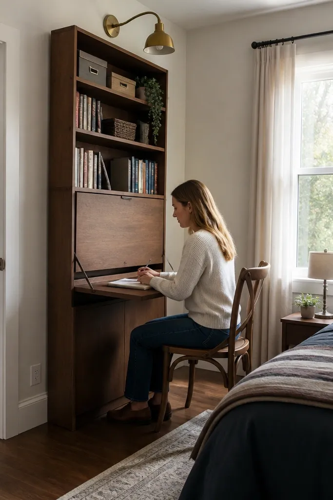 Bookcase with a flip-down desk panel that folds out for studying