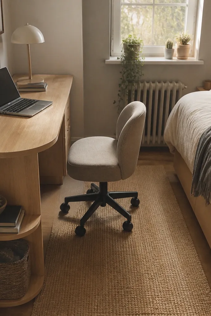 Desk with rounded corner edges and a matching curved shelf for books