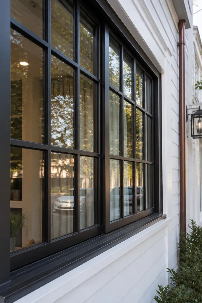 Matte black box window grill with evenly spaced vertical bars