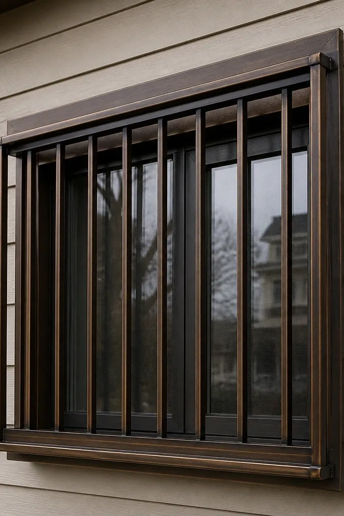 Oil-rubbed bronze box window grill with thin vertical bars