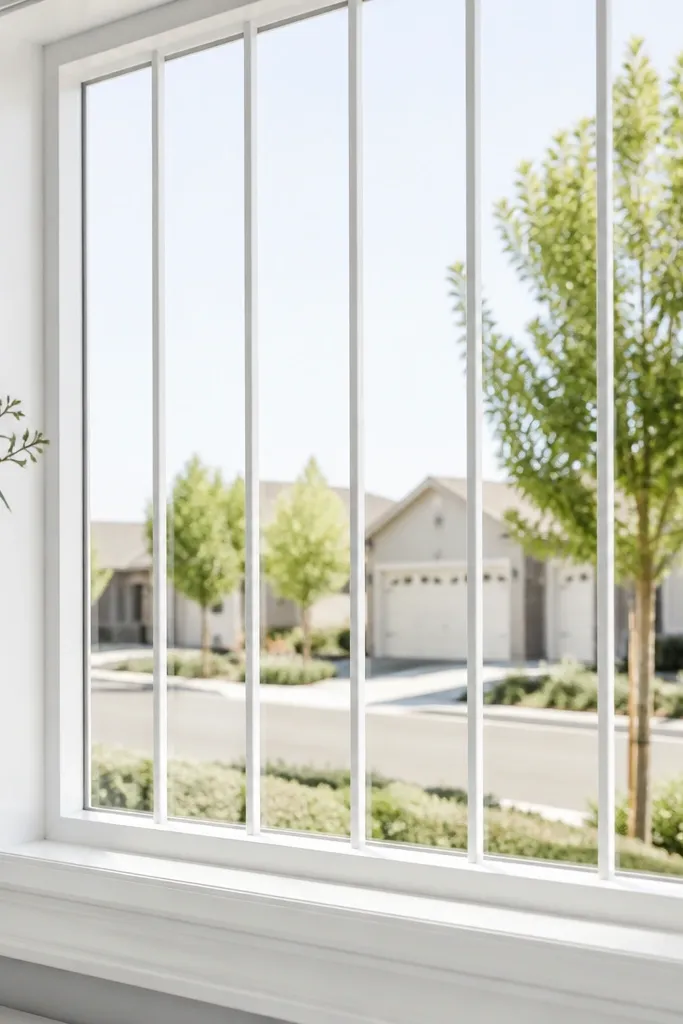 White box window grill with evenly spaced bars and bright finish