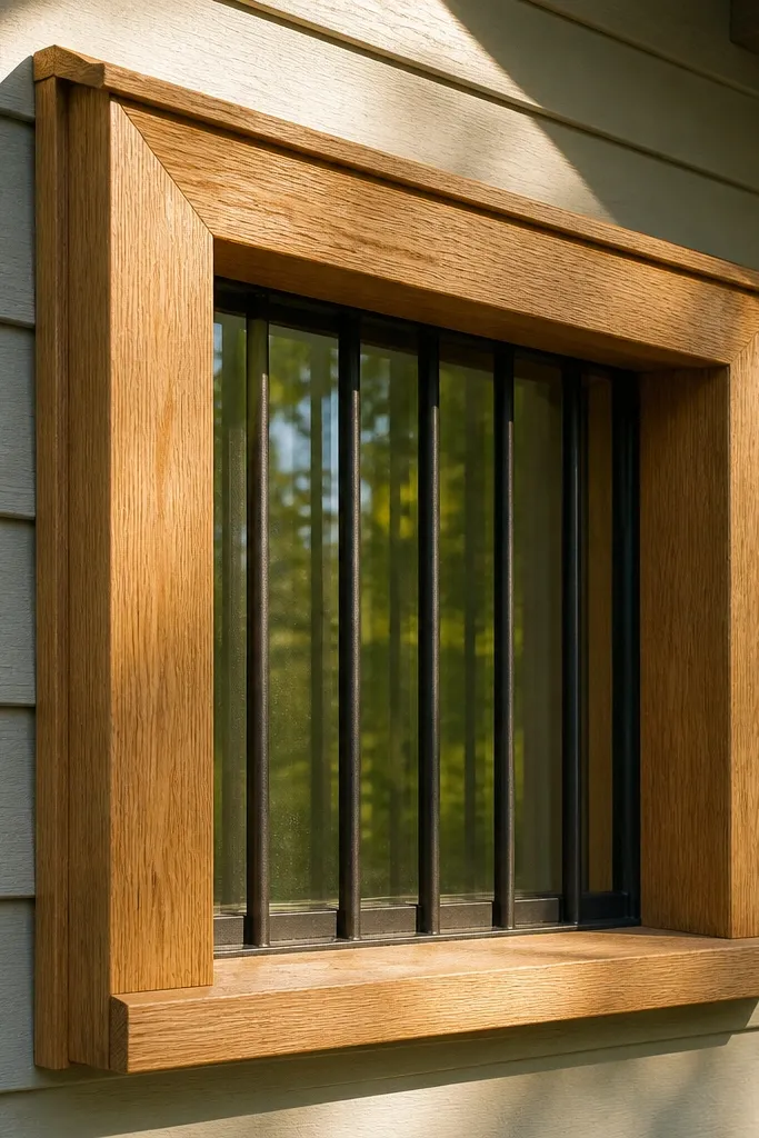 Black bar box window grill framed by light wood trim