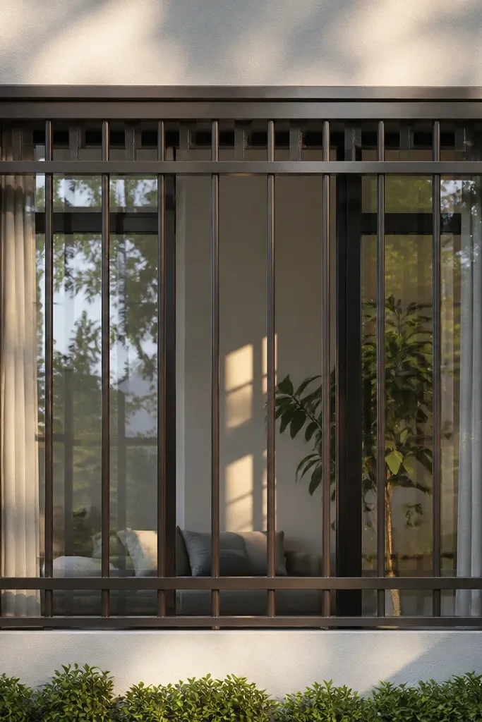 Box window grill with a thicker top band and vertical bars below