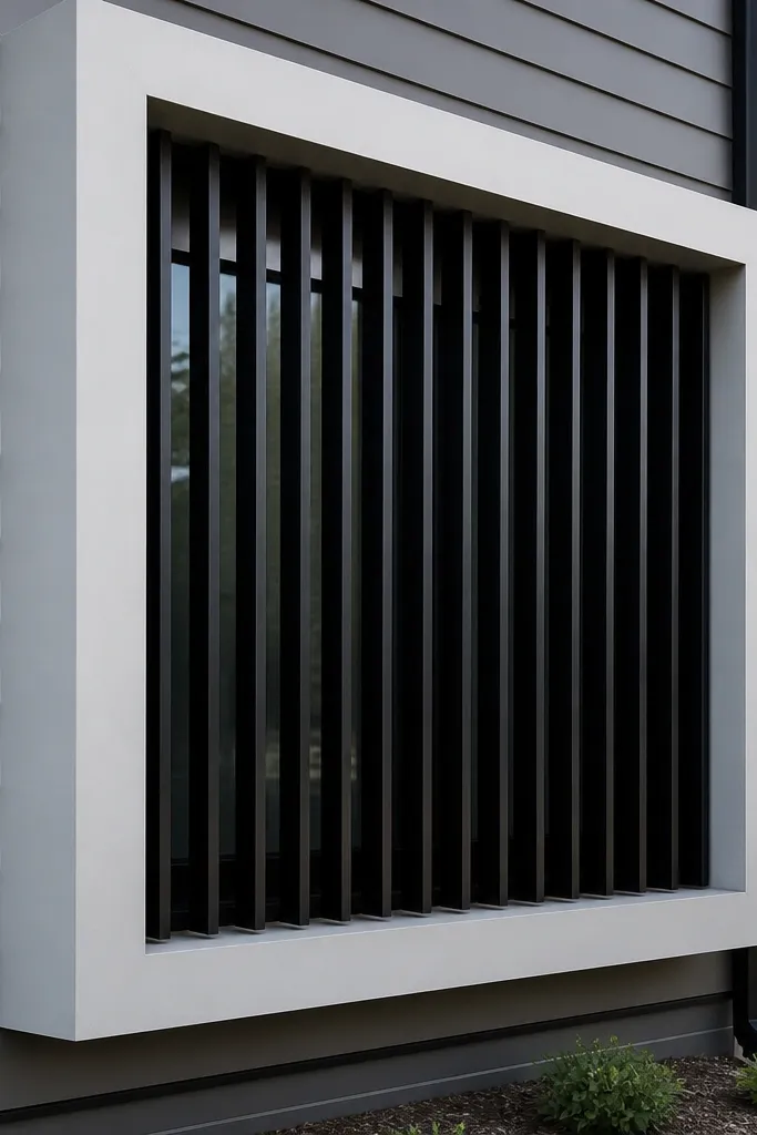Light gray box frame with black vertical bars window grill