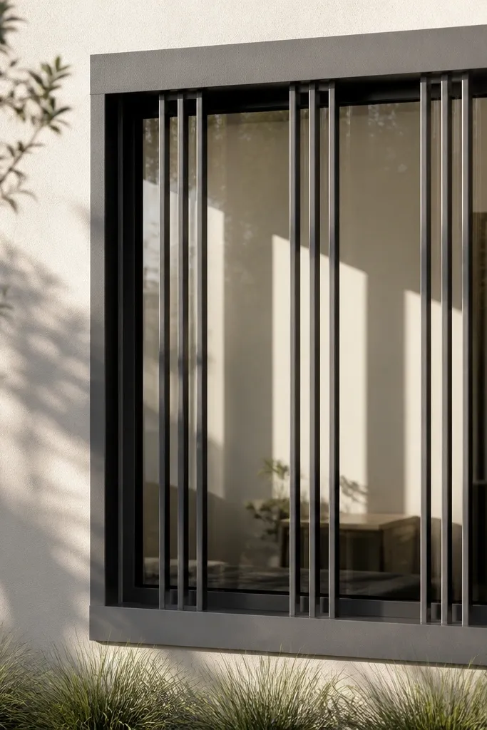 Matte charcoal box window grill with three-bar rhythm spacing