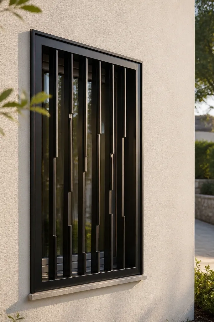 Box window grill with slightly staggered vertical bars for open view