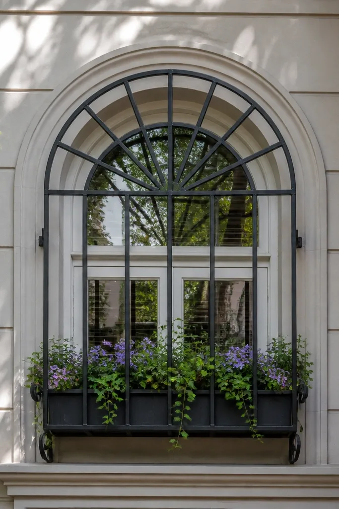 Box window grill with an arch top frame and vertical lines below