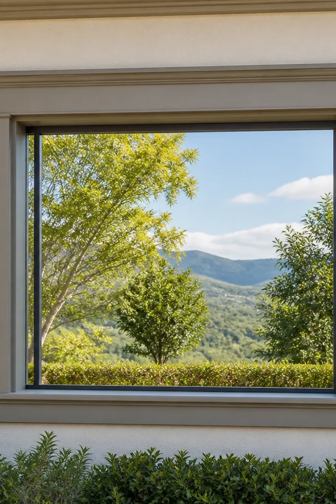 Box window grill with corner posts and open center panel