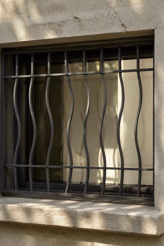 Box window grill with subtle vertical wave curves in bars