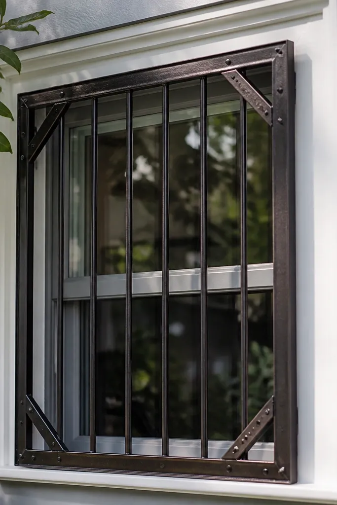 Bronze box window grill with 45-degree corner braces