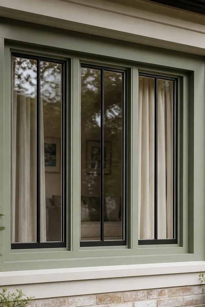 Matte sage box window grill border with black vertical bars
