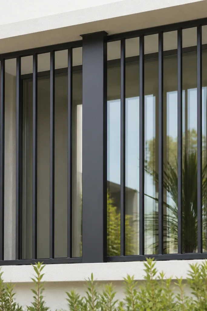 Minimal box window grill with one thicker vertical accent column