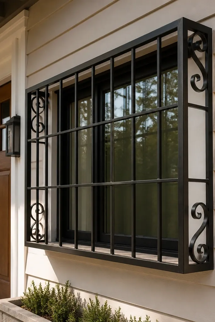 Box window grill with small scroll corner details and open center