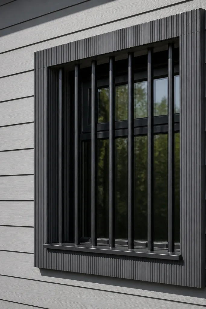 Box window grill with textured reeded frame and smooth vertical bars