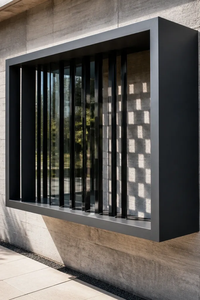 Box window grill with alternating thin and thick vertical bars creating a checker feel